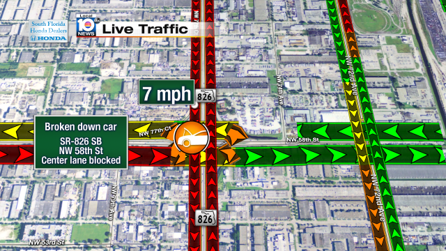 Broken down car on SR-826 SB at NW 58th St. Center lane blocked. Speeds at 7mph #traffic #miami https://t.co/tcOAhlpIrL