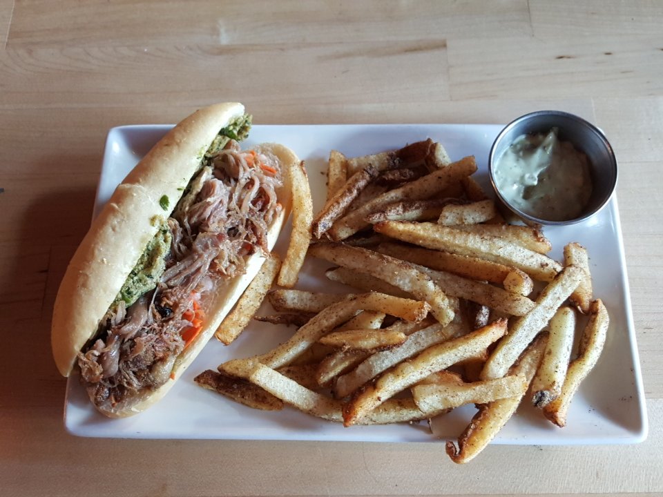 BasculeChicago's tweet photo. New menu item.  $14 duck confit Bahn Mi w/ pumpkin seed hummus and pickled slaw.  5 spice fries. https://t.co/SxtKUMdw6V
