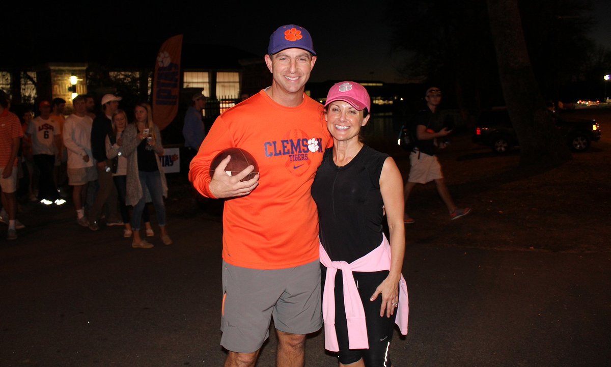 ClemsonFB's tweet photo. The Sigma Nu Ball Run has begun! Dabo &amp; Kathleen Swinney kick off the ball run from the indoor facility! #Clemson https://t.co/uMZzNfLvlZ