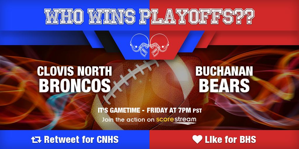 Who wins?
Retweet for Clovis North <a href="/CNbroncos/">Clovis North</a>
Like for Buchanan <a href="/bhs_sports13/">Buchanan Athletics</a>
Get the app 🏈 scorestream.com/app?rId=twg