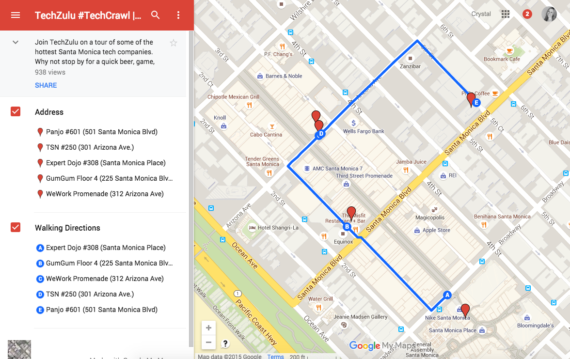 LAStartupWeek's tweet photo. Crawling tonight? Here’s the walking map for tonight’s #LAStartupWeek @TechZulu Tech Crawl: https://t.co/TnO681pftP https://t.co/0Fe1aB46FF