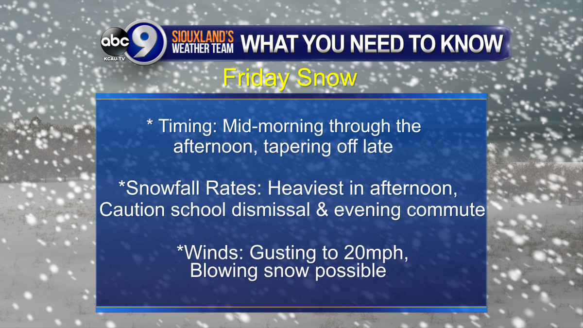 kcautv's tweet photo. FRI SNOW:Start mid-AM,after commute.Heavy afternoon snow,caution school dismissal &amp; ride home. Blowing snow possible https://t.co/XkdLgGKtbb