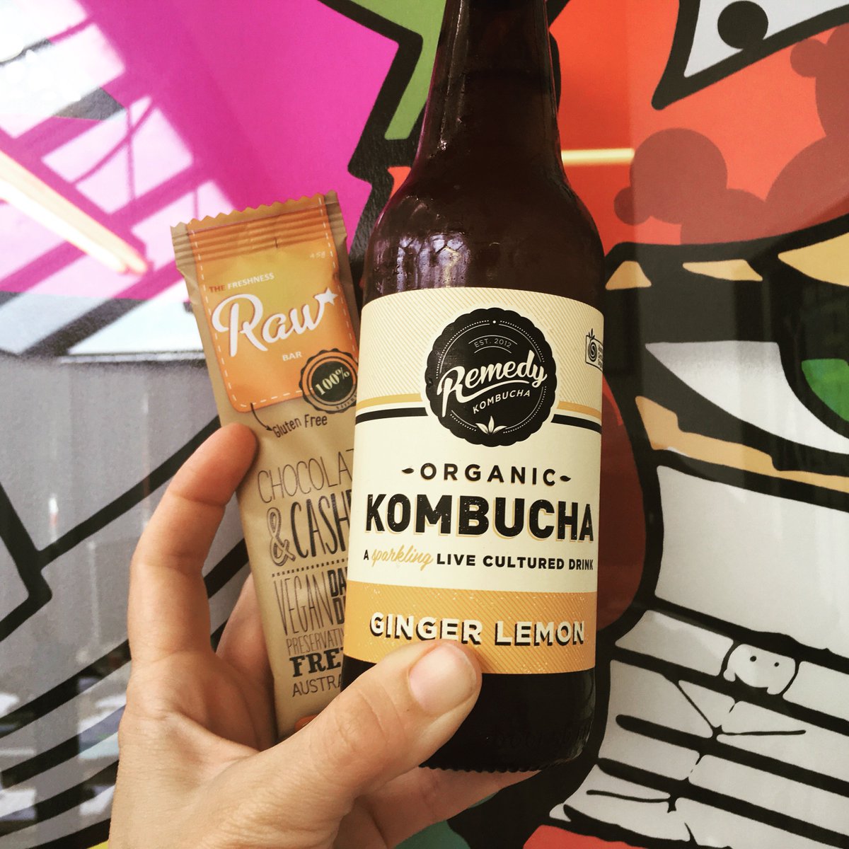 Snack break at the factory - delicious choc #cashew bar by <a href="/FreshnessFFoods/">Freshness Fine Foods</a> &amp; #kombucha.