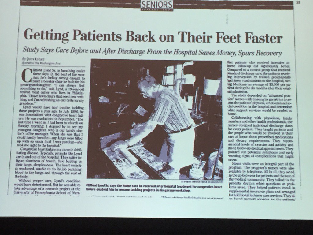 NotesOnNursing's tweet photo. Mary Naylor on early Transitional Care Model pt who went from homebound to independence #GSA15 Doris Schwartz Award https://t.co/Ot3lLSTTcT