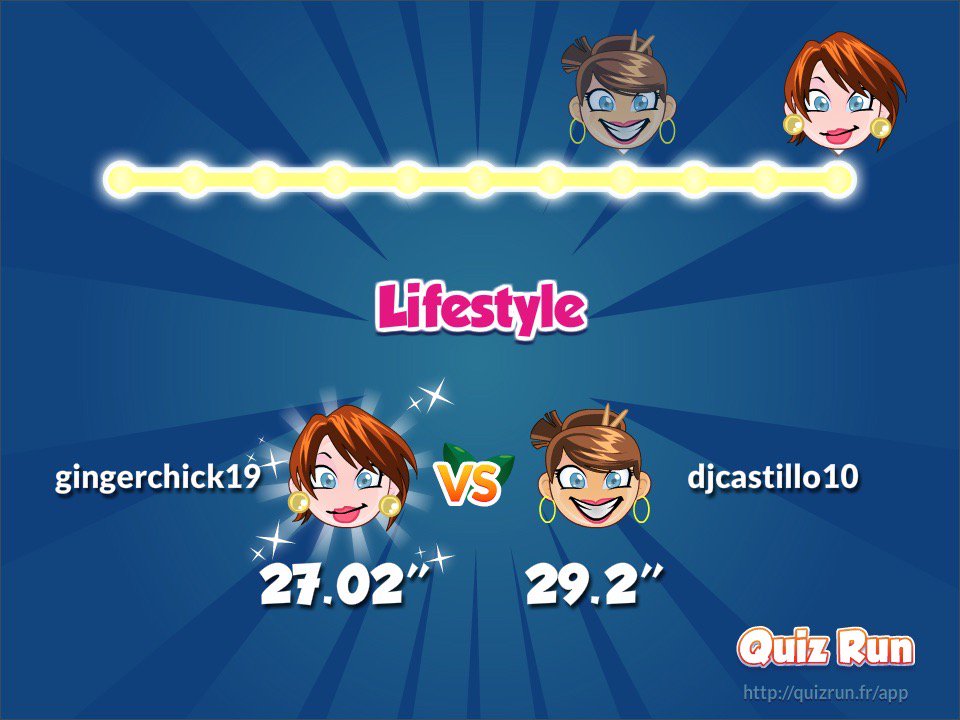 gingerchick14's tweet photo. I defeated Deanna Johnson Castillo in Quiz Run. My username is gingerchick19 https://t.co/CZEGU7avOd https://t.co/GGh0mu9GEO
