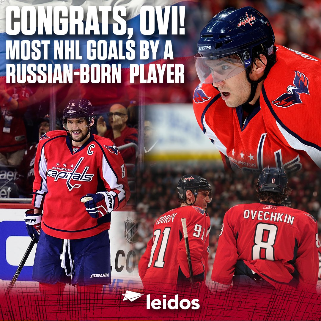 Capitals's tweet photo. THERE IT IS!  No. 484! @ovi8 now has career goals record among Russian @NHL players! Congrats Ovi! #Gr8 #RockTheRed https://t.co/qLJNpii7PH
