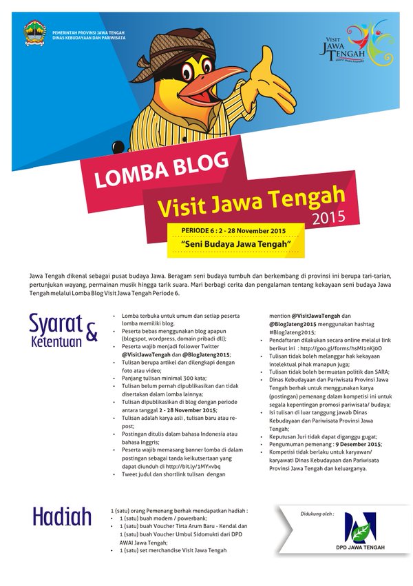 BlogJateng2015's tweet photo. Pagi Kak.
Masih ditunggu ni postingan serunya tentang pengalaman menyaksikan seni budaya jateng di @BlogJateng2015 https://t.co/xiJDHI6xzh