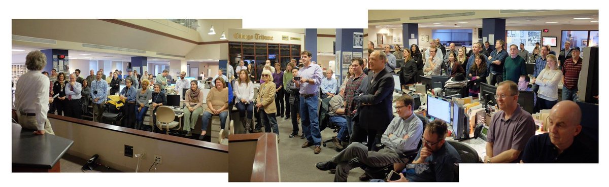 Celebrating the <a href="/chicagotribune/">Chicago Tribune</a> journos taking buyouts. Eds quoted their great writing. Laughs, tears, hugs. Nice.