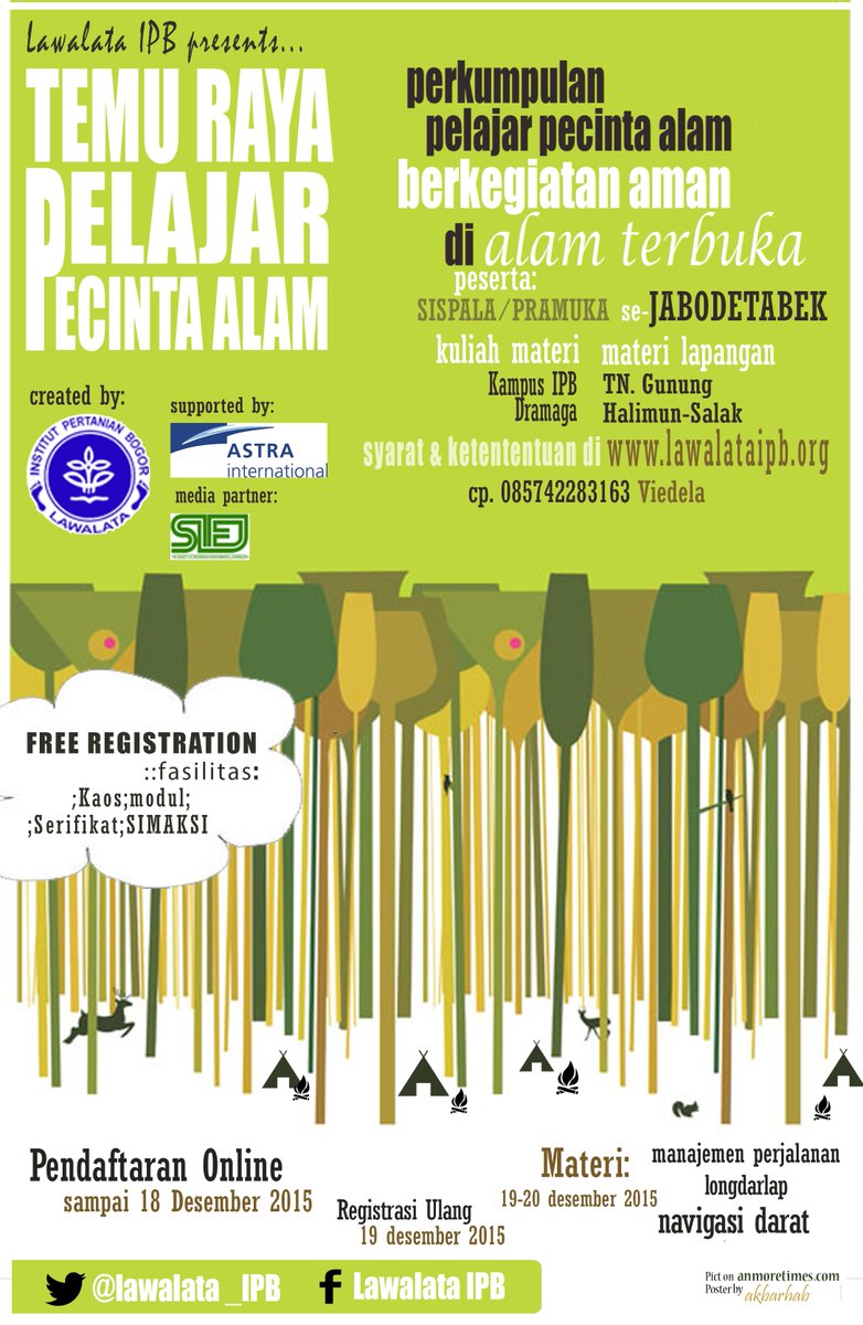 Lawalata_IPB's tweet photo. Temu Raya Pelajar Pecinta Alam (TRPPA)
Sispala, ada yang seru nih :) TRPPA ini dilaksanakan 19-20 Desember 2015 https://t.co/z2DWNYsffh