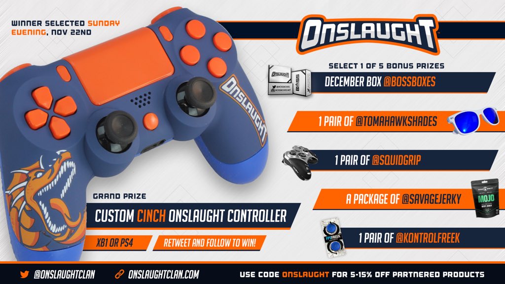 OnslaughtGG's tweet image. #Onslaught hooking you up!  Win a customized oS @CinchGaming controller plus 1 of 5 addt prizes! RT/Follow to win!