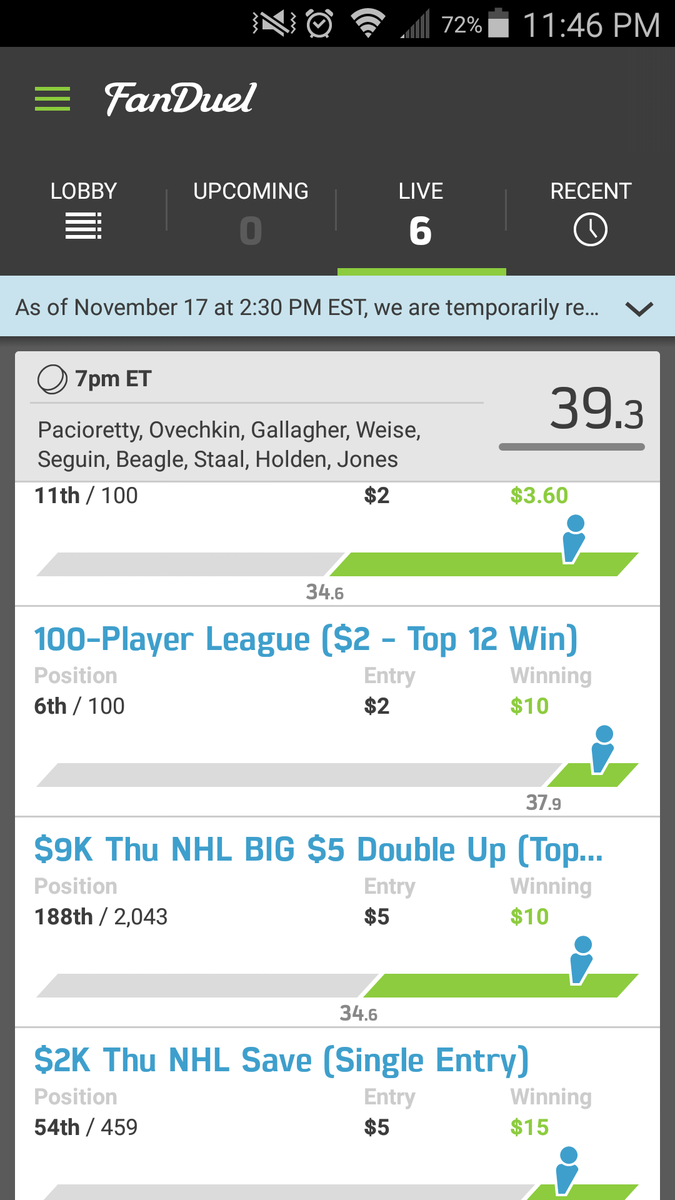 theLeggeII's tweet photo. @HuggyBear916 Just crushing on #NHL tonight. Seeing green in all my cash and GPP. Thanks brother. #Huggymafia https://t.co/Hlm84YLmSz