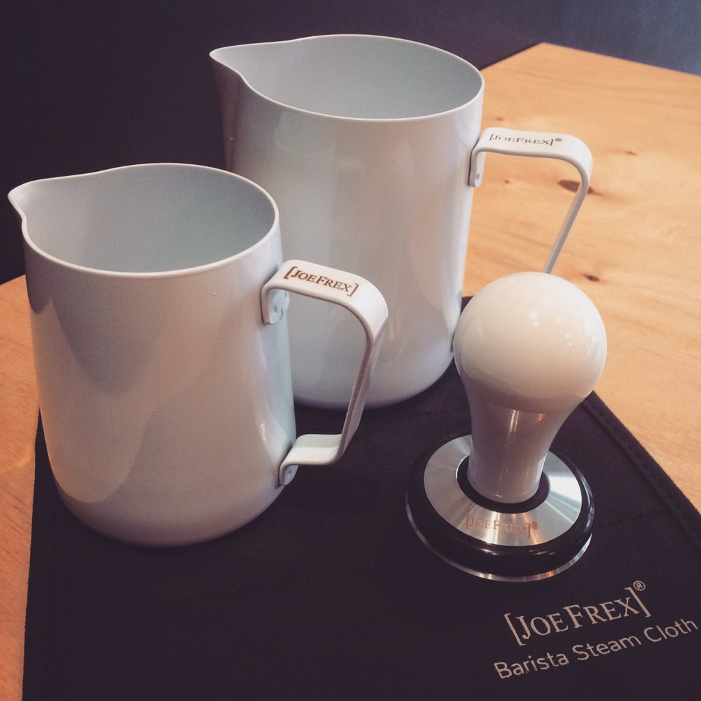 My new toys have arrived! #custom #tamper #milkpitcher #joefrex @BaristaBuddy @JoeFrexCorp