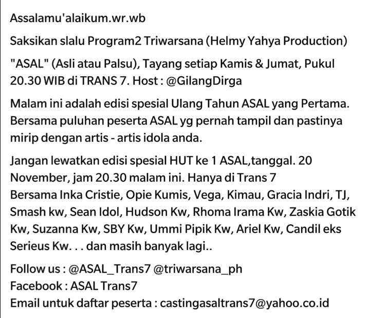 asiamediaph's tweet photo. Jangan lupa. Malam ini. 20.30 wib di @TRANS7 
@ASAL_Trans7 edisi spesial ulang tahun.. https://t.co/Df6tj3I8sD