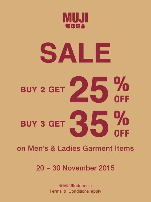 Buy 3 get 35% off for normal priced men's &amp; ladies garment items. Valid until 30 November 2015. Don't miss it!