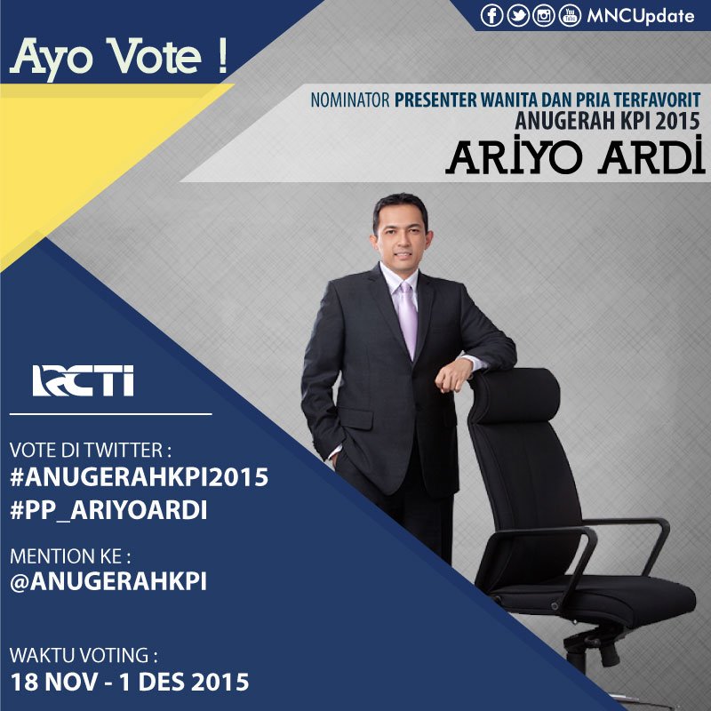 MNCupdate's tweet photo. Ayo vote @ariyoardi sebagai presenter pria terfavorit dalam Anugerah KPI 2015 :) #AnugerahKPI2015 https://t.co/ZbRJrza36F
