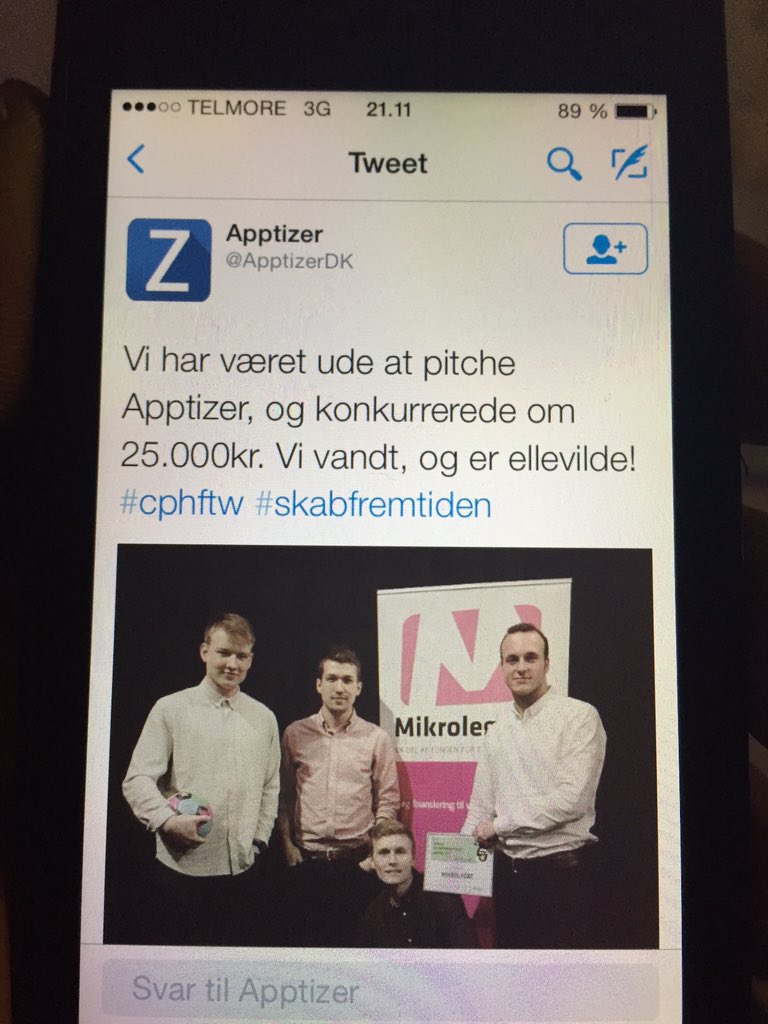 IdaAuken's tweet photo. Stort tillykke til @apptizerdk der i går vandt Danish Entrepreneurship #award2015 #cphftw #ivaerksaetteri #uge47 https://t.co/9O0YHwUyKM