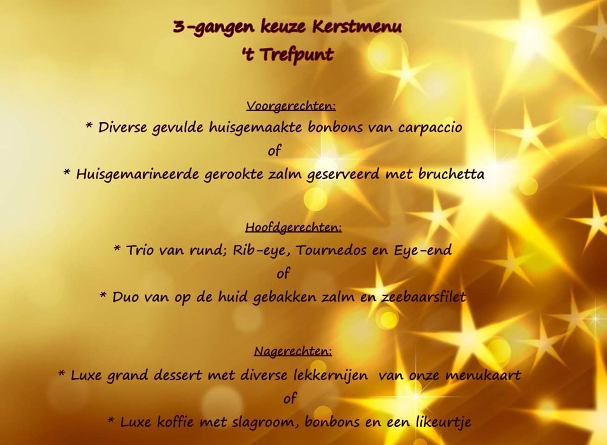 TrefpuntPesse's tweet photo. 2e kerstdag zijn we geopend! Er kan a la carte gegeten worden en hebben we ook een luxe 3gangen keuzemenu! pls RT https://t.co/KD6xqNLzTs