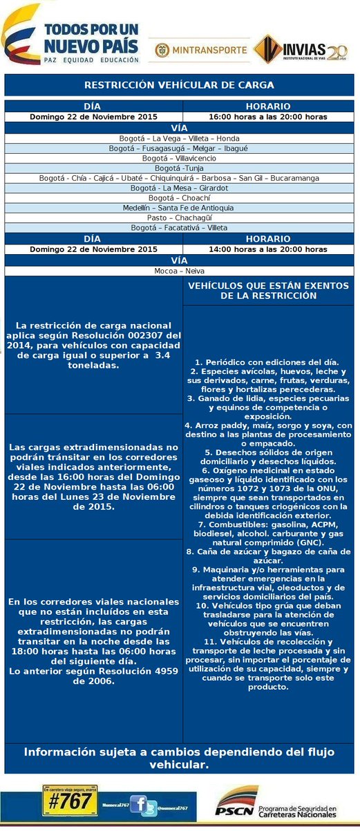 numeral767's tweet photo. A continuación se relaciona restricción carga para el día Domingo 22/11/15: https://t.co/lQ05rBfZsm