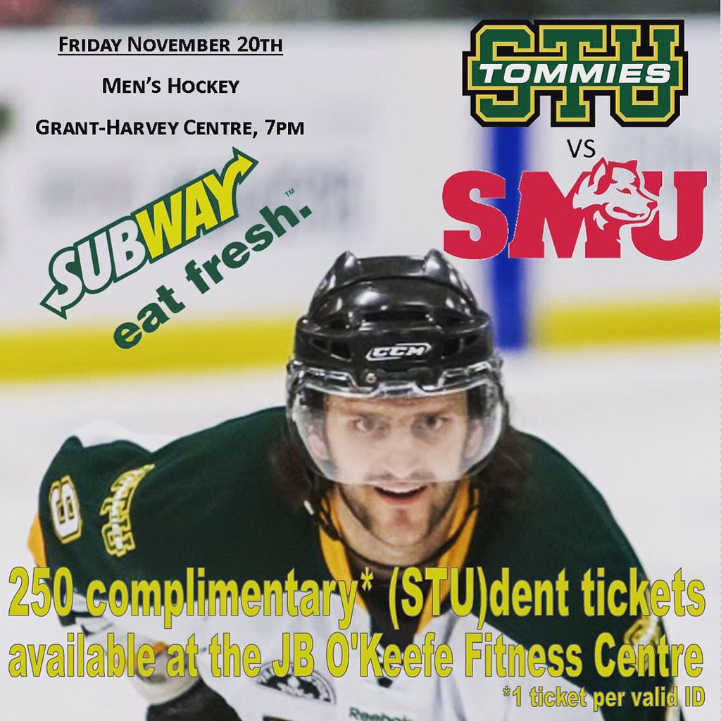 Free (STU)dent tix for today's .@SUBWAYCanada .<a href="/STU_MHOC/">STU Men's Hockey</a> vs .<a href="/SMUHuskies/">Saint Mary’s Huskies</a> game at 7pm at GHC. .<a href="/STU_SU/">STU Students' Union</a> .<a href="/TommiesSTU/">STU Tommies</a>