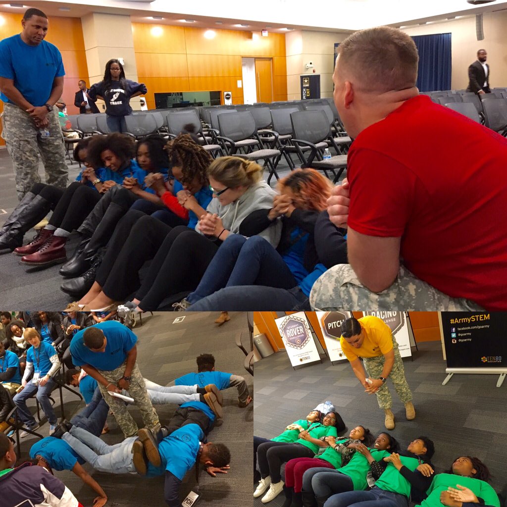 GoArmy's tweet image. Students draw inspiration from #USArmy Soldiers during team-building challenges at @Ten80Ed. #ArmySTEM