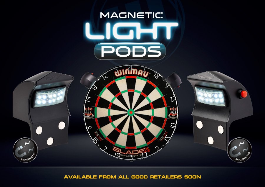 Winmau's tweet photo. NEW Magnetic Light Pods, attaches to the outside metal band of the dartboard #WinmauLaunch https://t.co/Nrv6wwlSle
