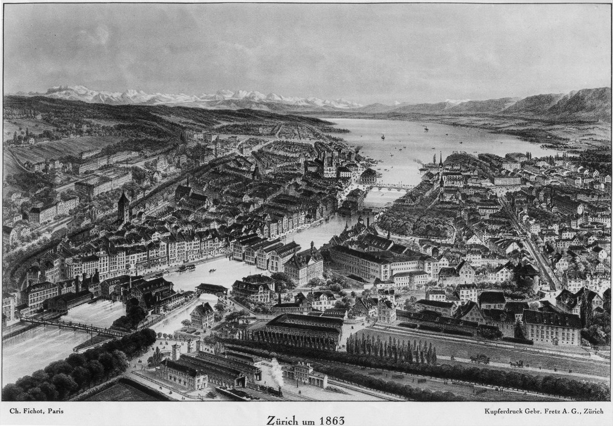 #zurich 1863 #drawing #history #urbanplanning the city in the past with buildings above the river