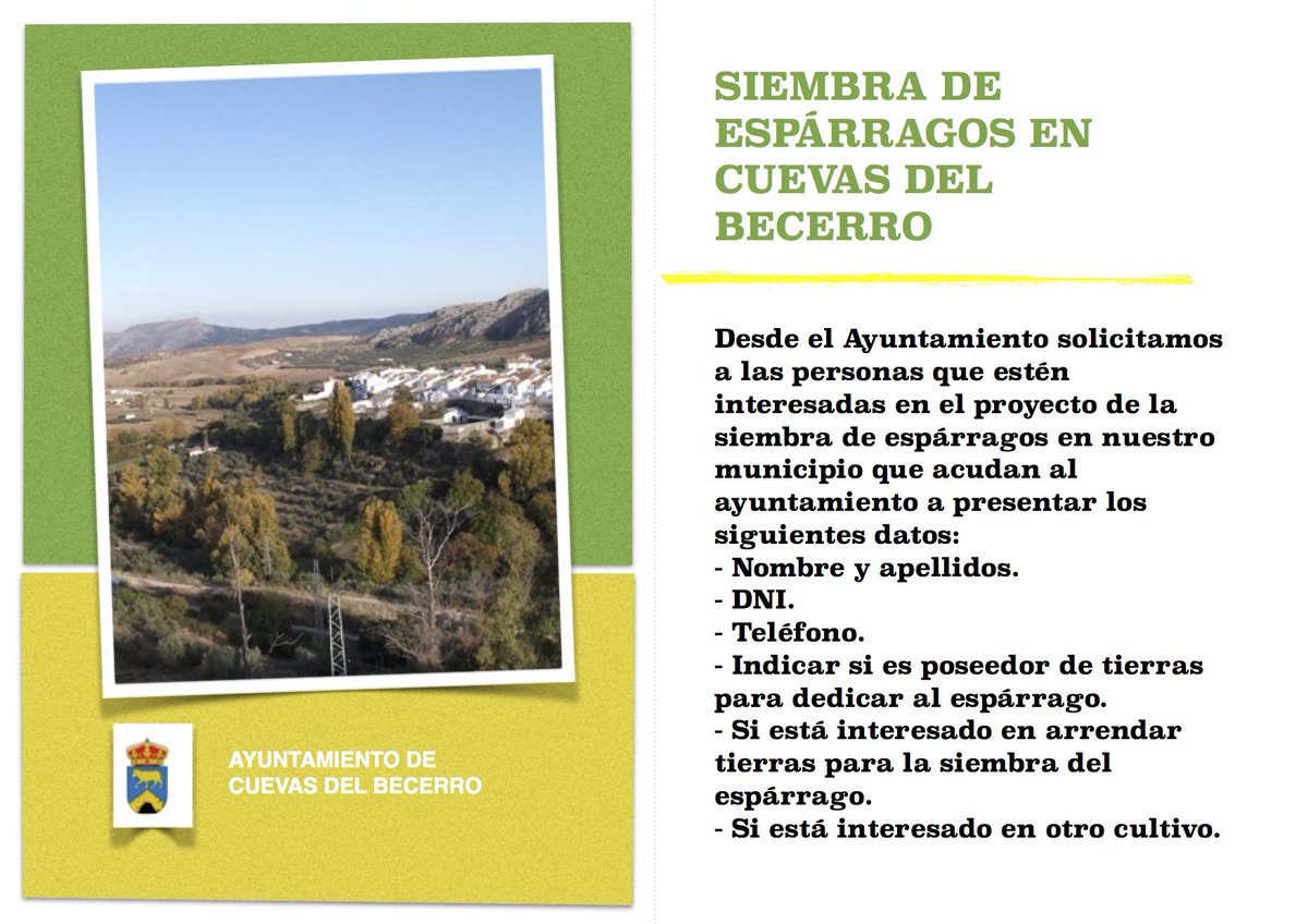 Las personas interesadas en la siembra de espárragos en #CuevasdelBecerro deben acudir al ayto a presentar sus datos