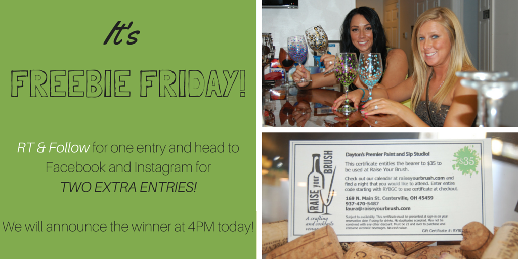 RaiseYourBrush's tweet photo. It's #FreebieFriday! RT &amp; Follow for one entry and head to Facebook &amp; Instagram TWO EXTRA ENTRIES! #ryb #paintandsip https://t.co/nSy60UUd1J