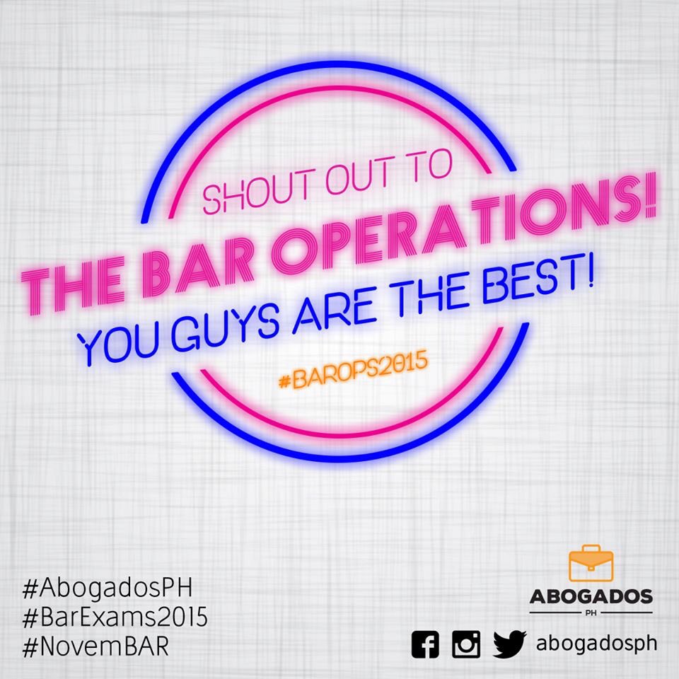 abogadosph's tweet photo. Shout out to the Bar Operations! #BarOps2015 #BarOps #BarExams2015 #BarExam #Bar2015 #NovemBAR #AbogadosPH https://t.co/TbVKLkqZXo