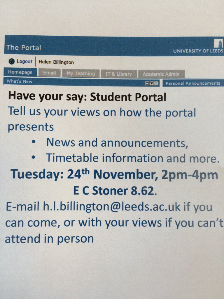 HelenBillington's tweet photo. @UoLStudents #haveyoursay on the portal. Drop-in Tues 24 Nov EC Stoner 8.62 https://t.co/HYaepbB9Lk