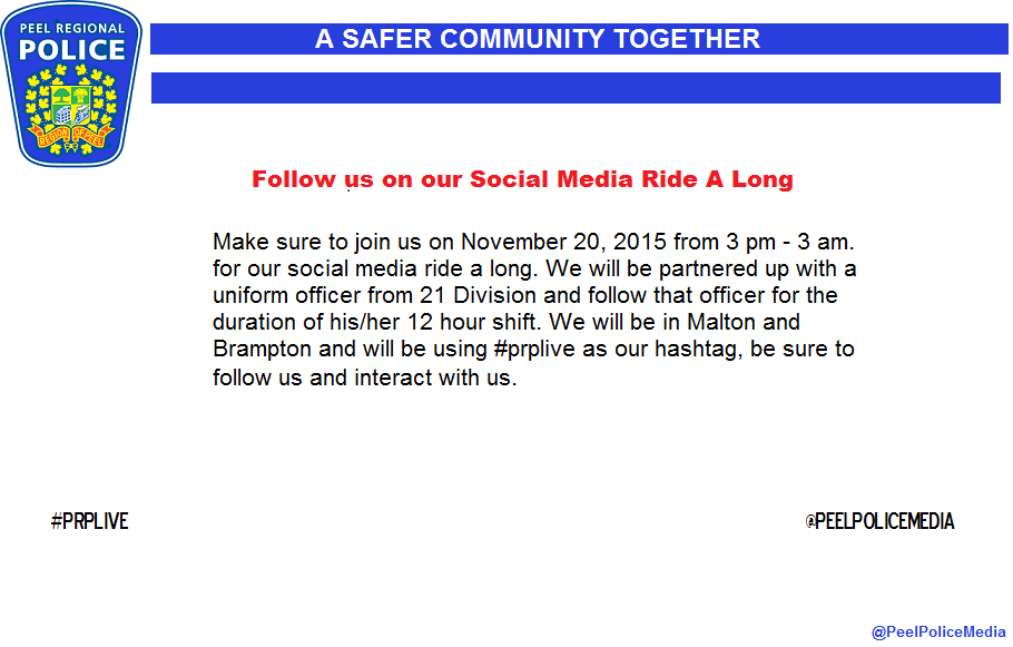 PeelPolice's tweet photo. Tune in for #PRPLIVE on social media ride along in 21 Division 3pm-3am today! https://t.co/A5ggmpT1aE