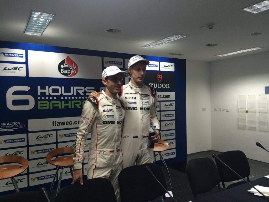 PorscheGB's tweet photo. All smiles for @Timo_Bernhard and @BrendonHartley #WEC #6hBahrain https://t.co/owMI88F2Tj