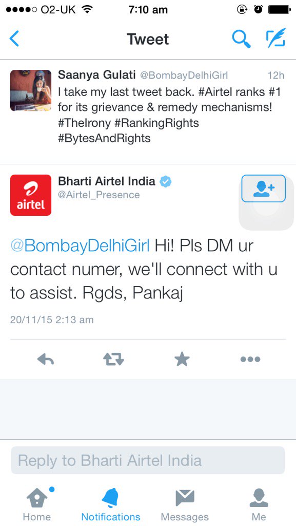 BombayDelhiGirl's tweet photo. Evidence for why @Airtel_Presence ranks #1 in grievance mechanisms. #BytesAndRights #RankingRights https://t.co/KhMmF36VIW