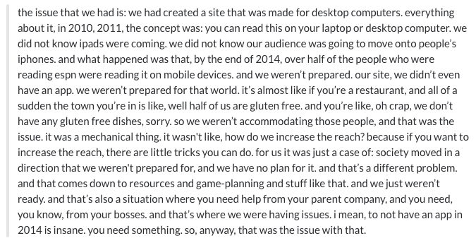 zseward's tweet photo. Bill Simmons, on his latest podcast, says Grantland's fundamental problem was that it didn't have a mobile app. https://t.co/IhHkbs5cs7