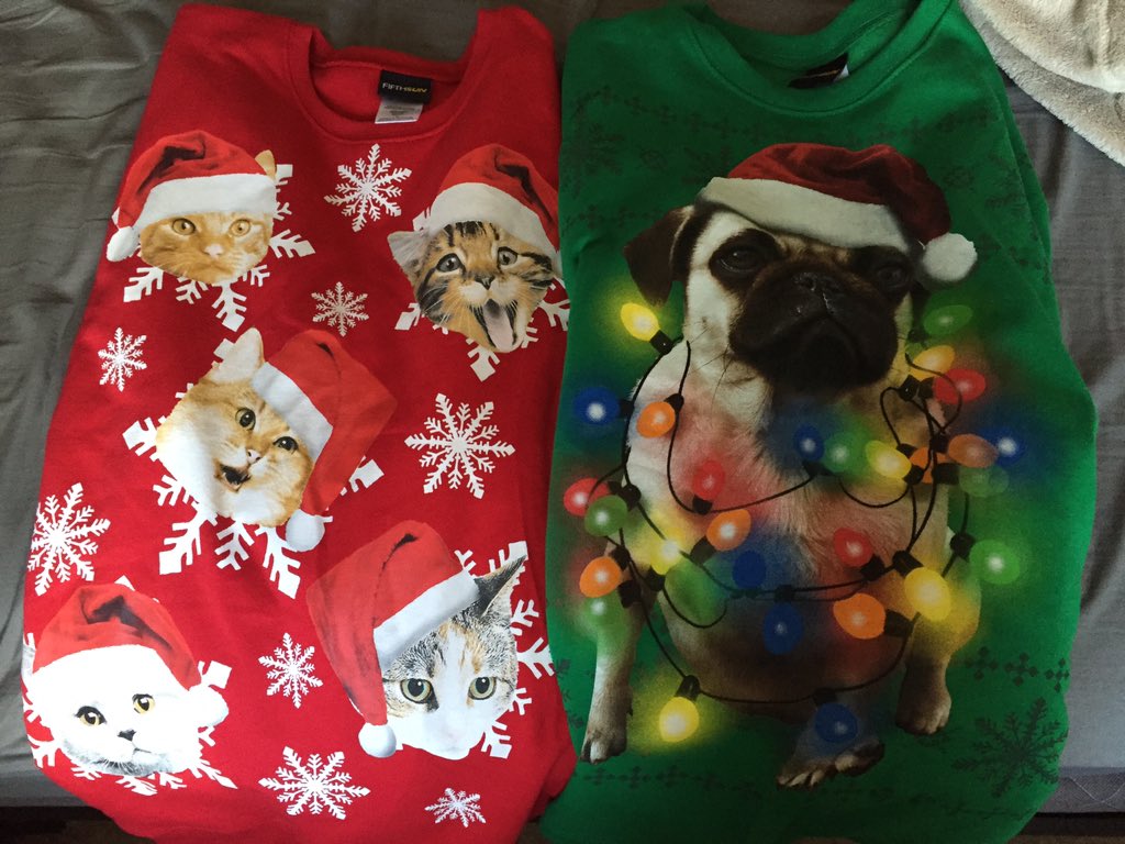 Staci_Lea11's tweet photo. @ekyle813 aren't you thrilled about our ugly Christmas sweaters? #puglife #youcattobekittenme 🎄#targetstyle 🎯 https://t.co/UXaO5PxK6G