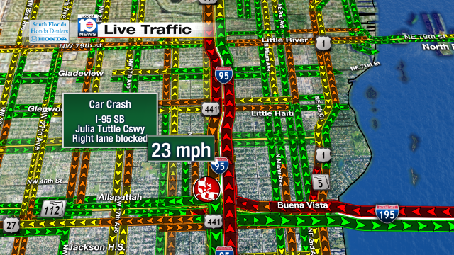 Crash on I-95 SB at Julia Tuttle Cswy. Right lane blocked. Speeds at 23mph #traffic #miami https://t.co/LIDxUVhp5F