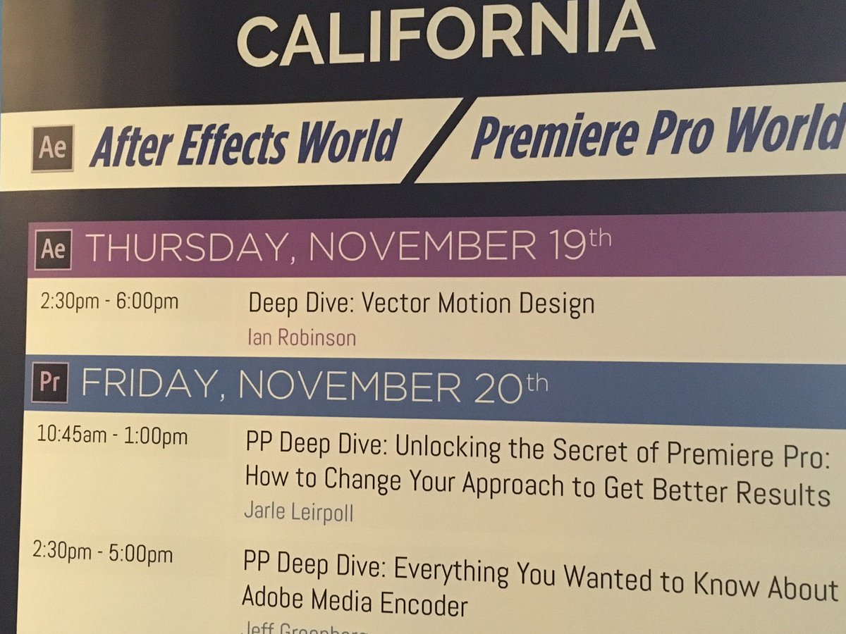 AdobeVideo's tweet photo. What are #PProWorld folks up to today? Deep diving into Premiere w/ the talented Jarle Leirpoll. #AdobeVideoWorld https://t.co/sBKd0FVCdb