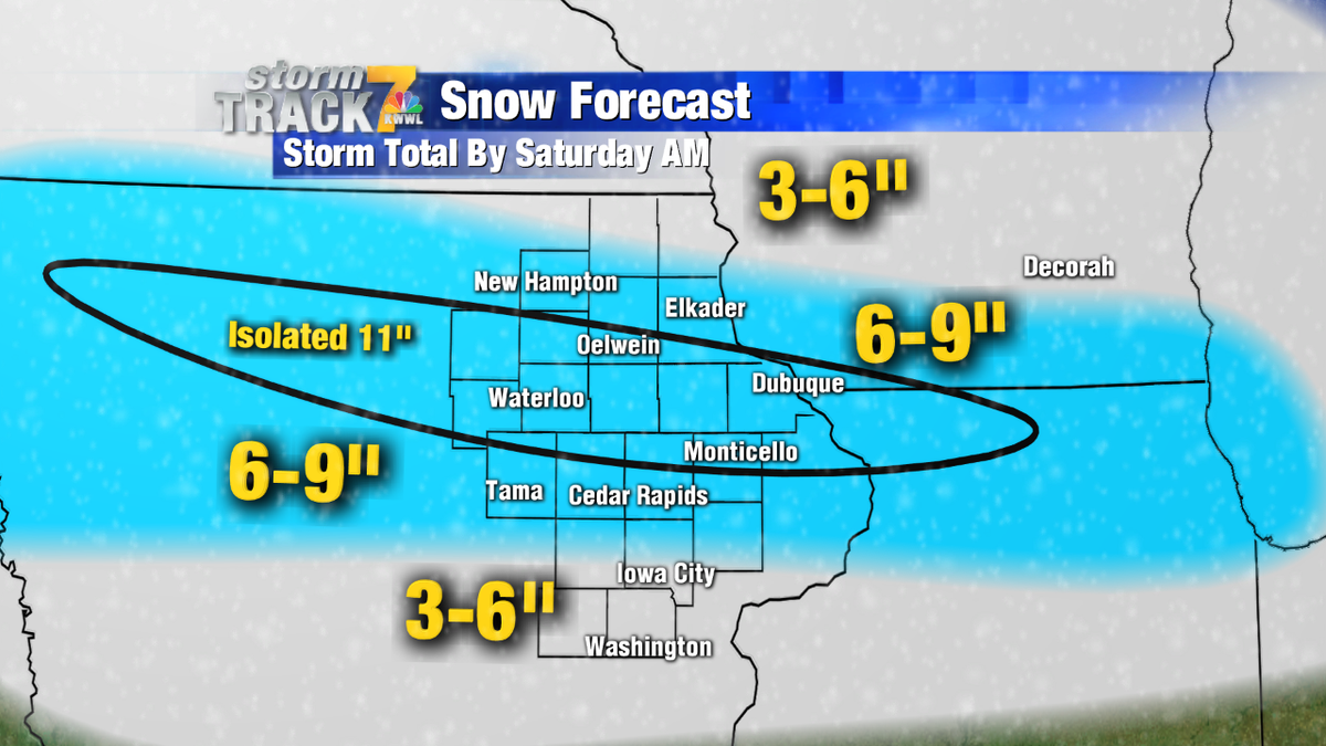 KWWL's tweet photo. UPDATED SNOWFALL MAP. The blue area will see 6-9". Isolated 11" amounts possible in the black outlined region. https://t.co/clkjDjOBgz