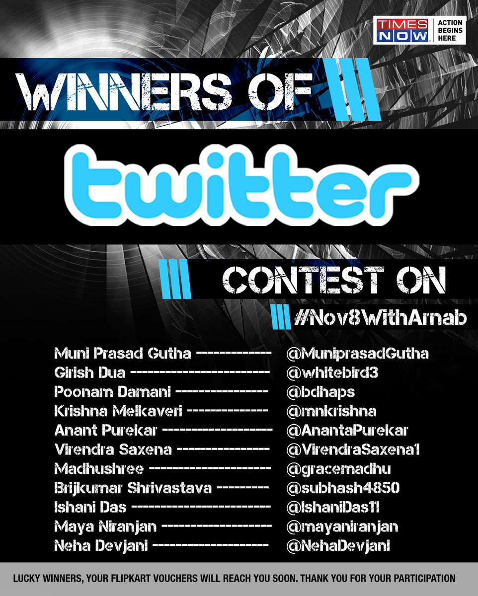TimesNow's tweet photo. Thank you for participating in #Nov8WithArnab contest. Here are the lucky winners! https://t.co/al3t1j21bO