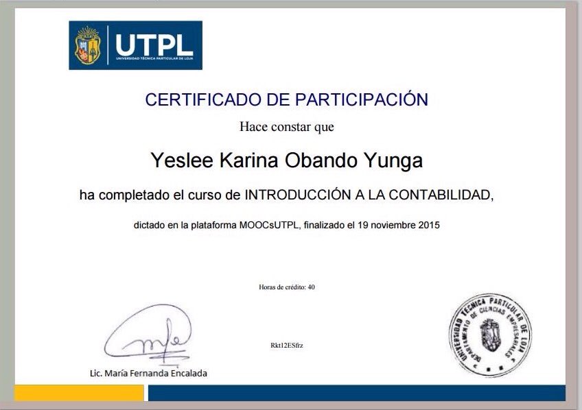 Ob1997Yeslee's tweet photo. #MoocUTPLContabilidad 
Certificado de participación https://t.co/XDykapVnQc