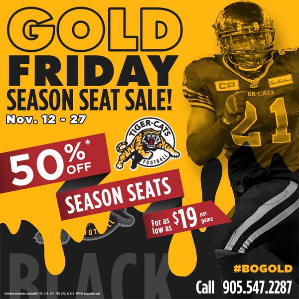 Ticats's tweet photo. Take advantage of our Gold Friday pricing &amp; be at Tim Hortons Field for every TD next season!

Call 905-547-2287! https://t.co/WUyRQHMafJ