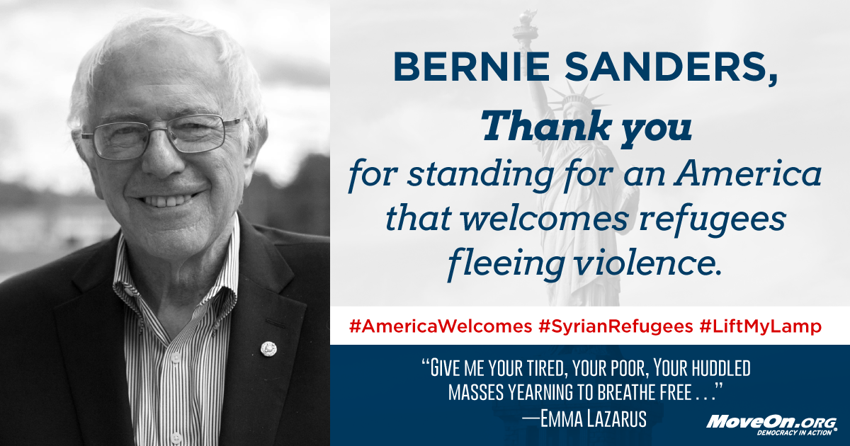 MoveOn's tweet photo. #VT's @SenSanders shows the world that #AmericaWelcomes! #SyrianRefugees #LiftMyLamp #RefugeesWelcome https://t.co/VoQ3oFOnbT