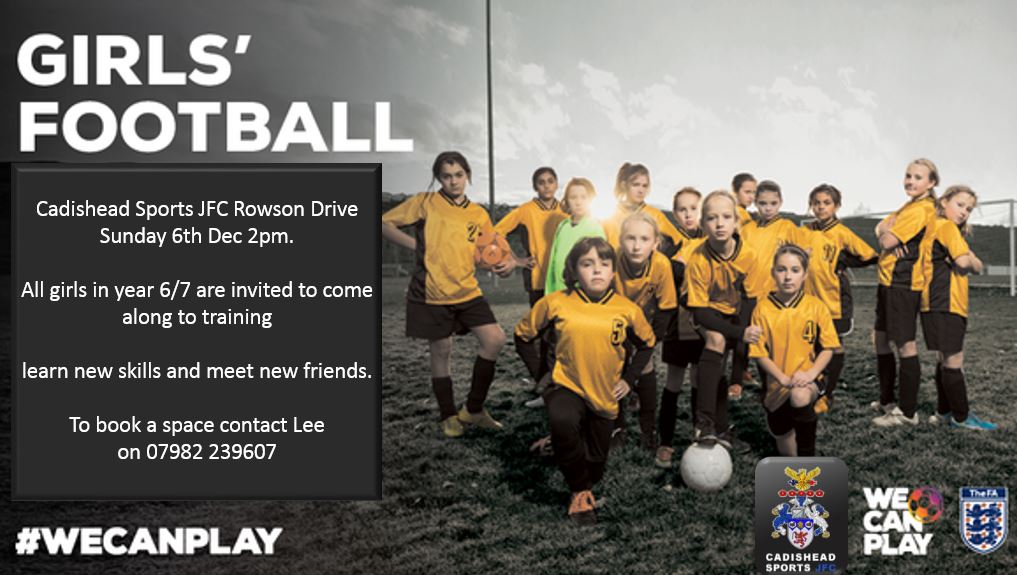 CadisheadSports's tweet image. Sun 6 Dec 2pm girls Year 6/7 invited to train learn new skills&amp;amp;meet new friends contact Lee 07982 239607