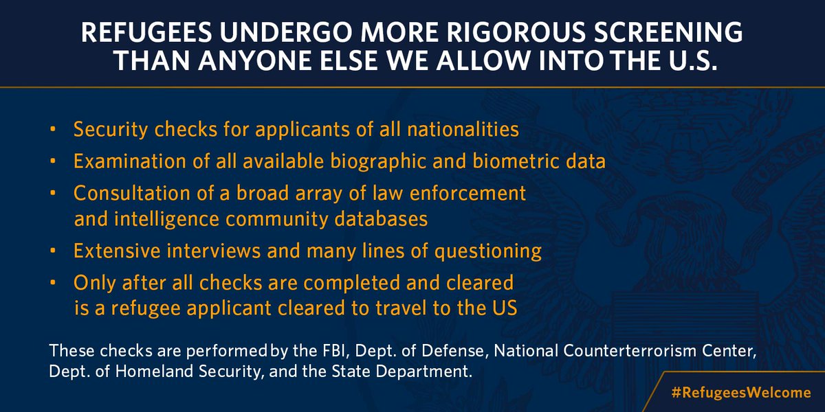 ObamaWhiteHouse's tweet photo. FACT: Refugees undergo more rigorous screening than anyone else we allow into the U.S. https://t.co/mtBAgDmCjL https://t.co/QQQSOwGQib