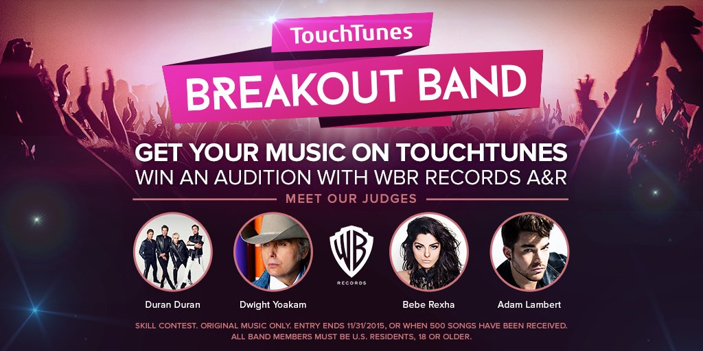 TouchTunes's tweet image. Meet our #BreakoutBand judges @duranduran @DwightYoakam @BebeRexha @adamlambert! Enter: buff.ly/1HQHzqE @wbr