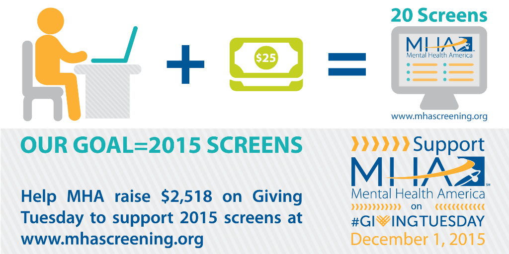 MentalHealthAm's tweet photo. Tomorrow is #GivingTuesday! Just $25 supports 20 #mentalhealth screens for those in need. https://t.co/J6mjZo5iu4 https://t.co/mXZh6AD91e