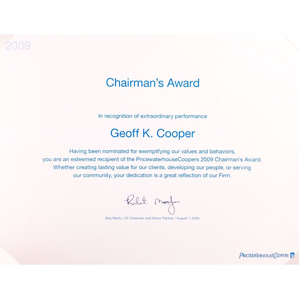 GeoffKCooper's tweet photo. That time when @PwC_LLP's Chairman gave me this award. Thx @Bob_Moritz!#Flashback #GeoffKCooper #PwC https://t.co/CkXZiuccZw
