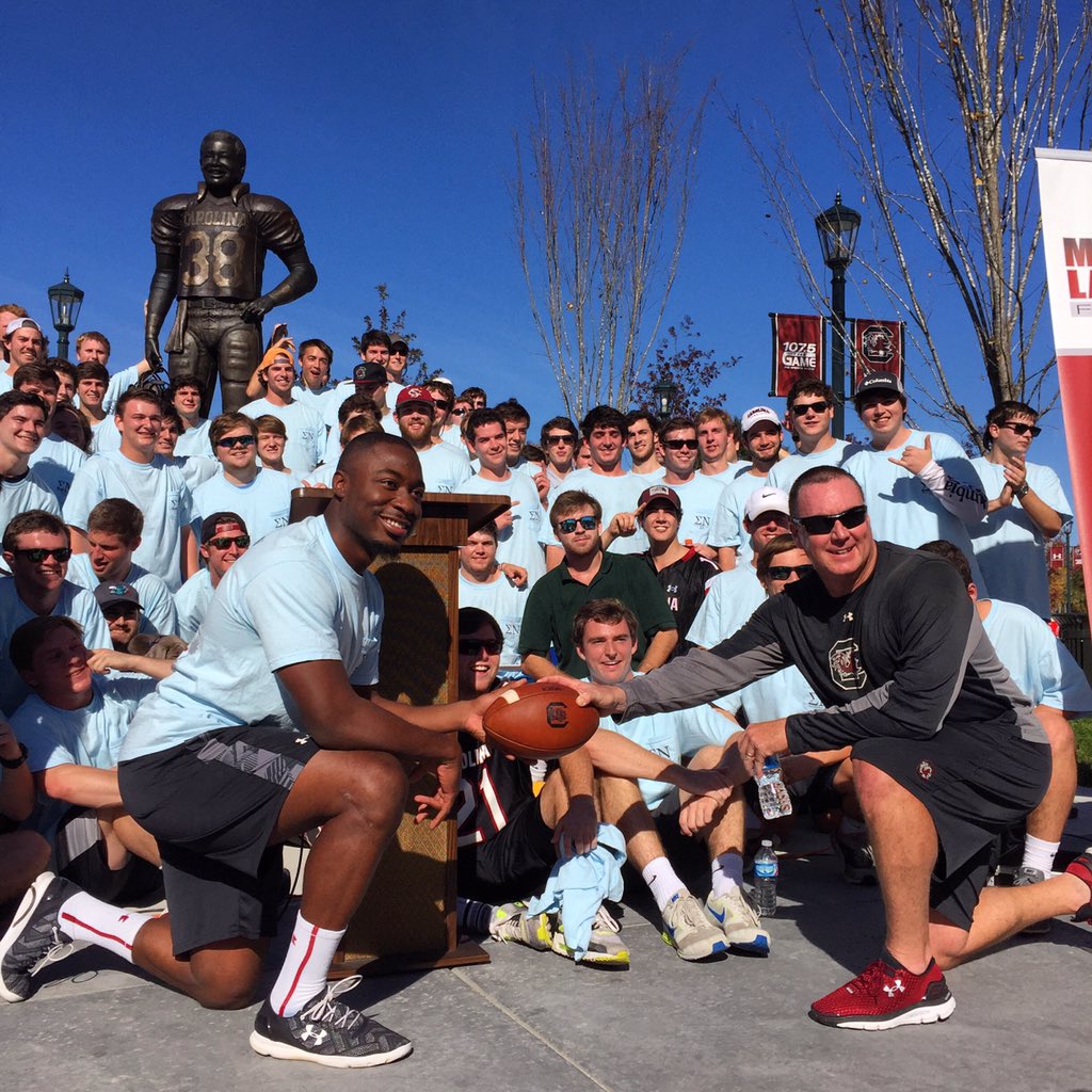 GamecockFB's tweet photo. The Carolina-Clemson ball has officially made it to Columbia!! #Gamecocks @ShawnElliottUSC @MarcusLattimore https://t.co/tuAfRLTUG1