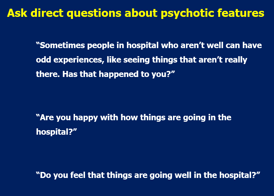 A_MacLullich's tweet photo. In #delirium, most patients don't volunteer that they have hallucinations or delusions. Important to ask directly. https://t.co/bDOik6ZvV4