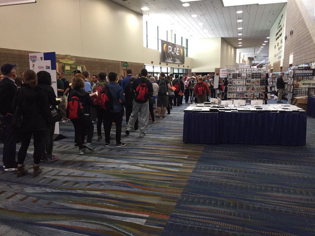 stuart_goldman's tweet photo. I've never seen a line like this for a keynote speaker (@shawnachor) to sign books at a show. #ABCnola @ABCandExpo https://t.co/wM1Rx24qps